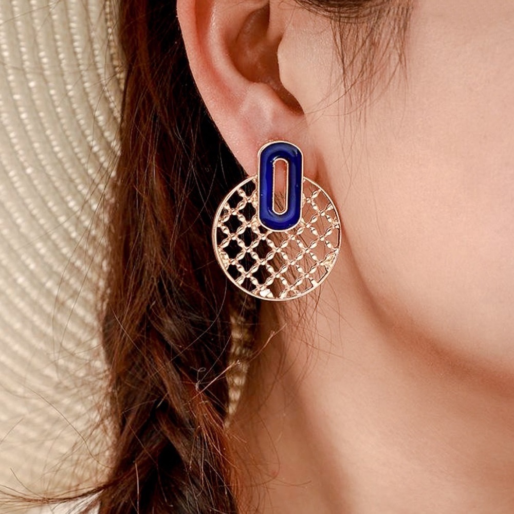 2/$20! Gold Lattice Stud Earrings w/Blue Enamel - Picture 5 of 8